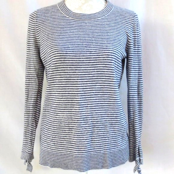 Loft Petites Gray Striped Lightweight Cozy Wool Knit Tie Cuff Sweater Size MP - Picture 1 of 11